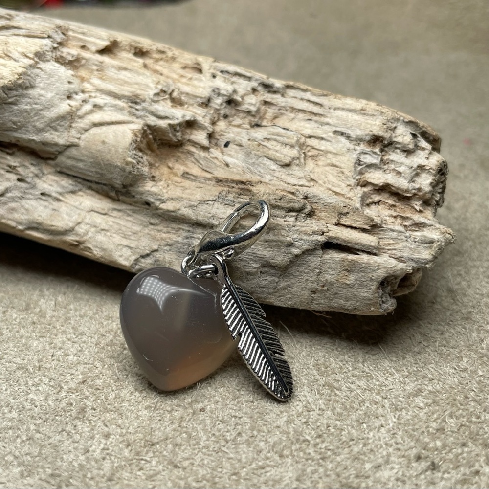 Smokey Quartz Heart Pet Collar Charm With Small Antique Silver Feather Charm - Picture 11 of 12